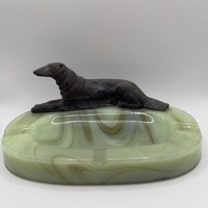 Art Deco Green Slag Uranium Glass Ashtray with Metal Borzoi Dog - 1920s Vintage